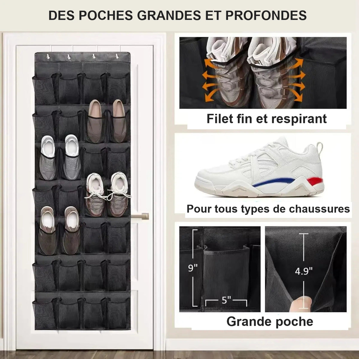Range-chaussures suspendu derrière une porte – multipoche – visuel 4/11