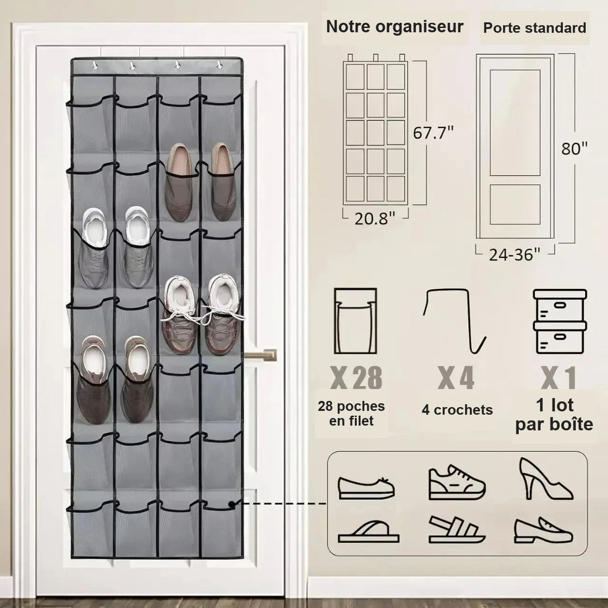 Range-chaussures suspendu derrière une porte – multipoche – visuel 6/11