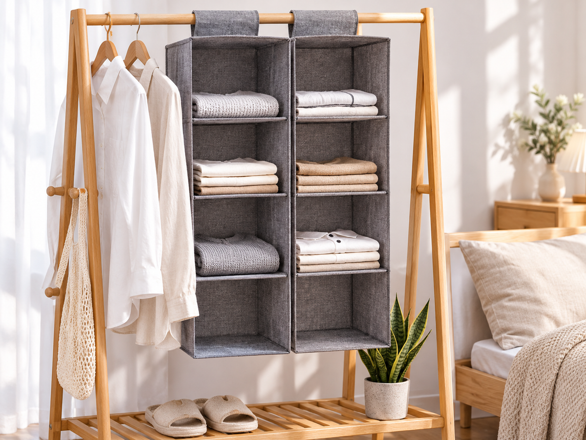 Organiseurs textiles gris suspendus dans un dressing